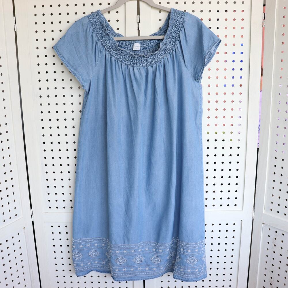 Old Navy Blue Chambray Off Shoulder Embroidered Hem Dress SIZE M